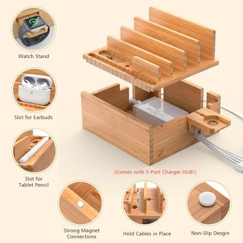 Bamboo Charging Station with Watch Holder, Charger & Cables - Image 6