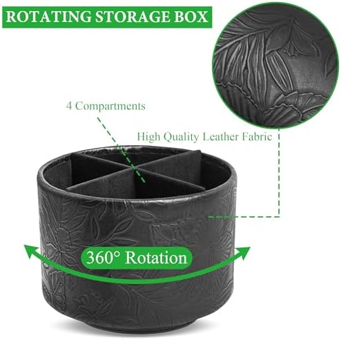 Round Leather Art Supply Organizer,Remote Control Holder,360 Degree Spinning,Multi-Functional Pencil Holder,4 Compartments Desktop Stationary Organizer(1-Carved Black) - Image 3