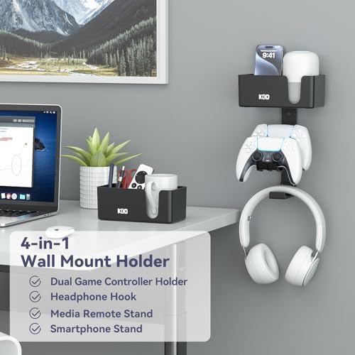 KDD 4-in-1 Wall Mount Controller Holder - Dual Game Controller and Headphone Hanger with Anti-Slip Pads for Xbox ONE/X Series/PS5/PS4 - Detachable Desk Storage for Media Remote, Phone and Speaker - Image 2