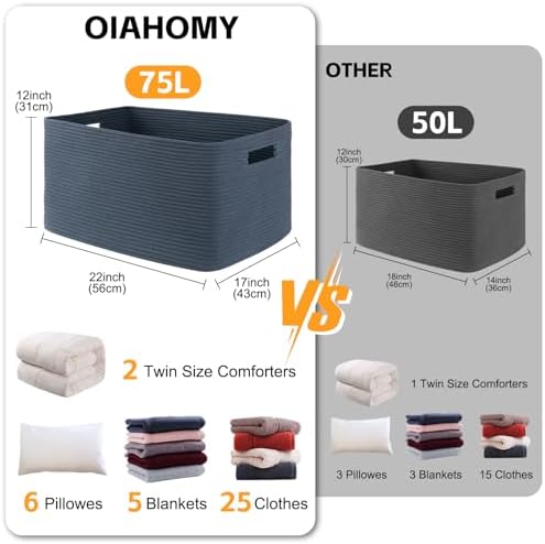 OIAHOMY 75L Large Blanket Basket Woven Storage Basket with Handle Blue - Image 3