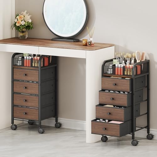 Rolling Makeup Organizer Cart - Under Desk Vanity Makeup Storage with 4 Non-woven Drawers, Nail Cart Organizer Cosmetic Display Cases Cabinet for Skin Care Perfume Nail Polish Brush Hair Tool by SwtyMiki-TidyHomeSweetLife