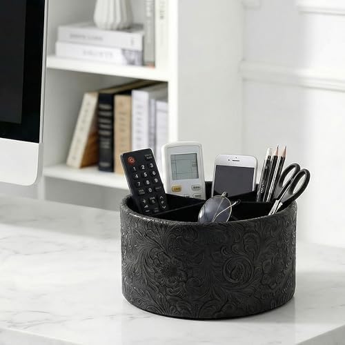 Remote Control Holder, 360°Spinning PU Leather Desk TV Remote Caddy,Desk Storage Box Room Accessories for Controller, Media,Mail,Calculator, Mobile Phone,Pencil(1-Carved Black) - Image 7
