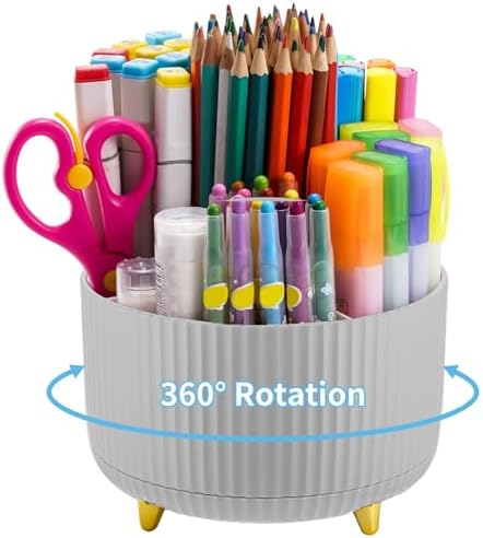 Marbrasse Desk Organizer, 360-Degree Rotating Pen Holder, Desk Organizers and Accessories with 5 Compartments Pencil Holder, Art Supply Storage Box Caddy for Office, Home (Grey) by Marbrasse