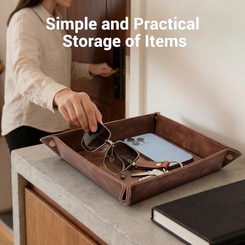 CoBak Leather Valet Tray, PU Leather Catch All Tray for Entryway,Brown - Image 2