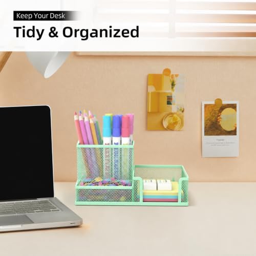 Pen Holder Desk Organizer, Office Supplies Pencil Holder with 3 Compartments, Desk Accessories and Workspace Organizers for Home School Classroom, Green - Image 2