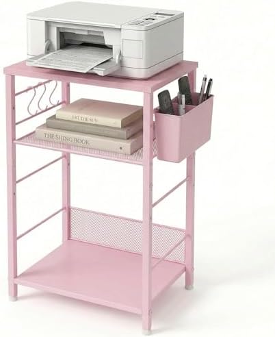 Small 3 Tier Printer Stand for Under Desk, Height Adjustable Shelf Printer Table with 3 S-Hooks & Basket, Heavy Duty Industrial Storage Shelf for Home Office (Deep Pink) by ECOLOVI