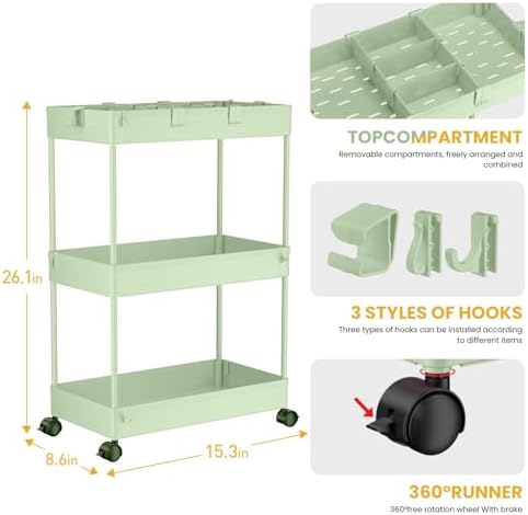 3 Tier Rolling Cart with Wheels, Storage Craft Art Trolley Organizer Serving, 3 Hanging Baskets Easy Assembly, for Office, Living Room, Kitchen, Green - Image 3