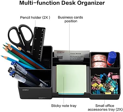 deli Desk Organizer, Plastic Desktop Organizer with Pencil Holder and Sticky Note Tray, Office Stationery Supplies Organizers Accessories Caddy, 6 Compartments, Black - Image 3