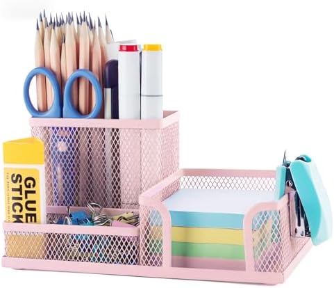 M&G Mesh Pen Holder Desk Organizers Pencil Holder for Desk Pink, 3 Compartments Metal Office Supply Organizer with Sticky Notes Holder for Home Office by MG