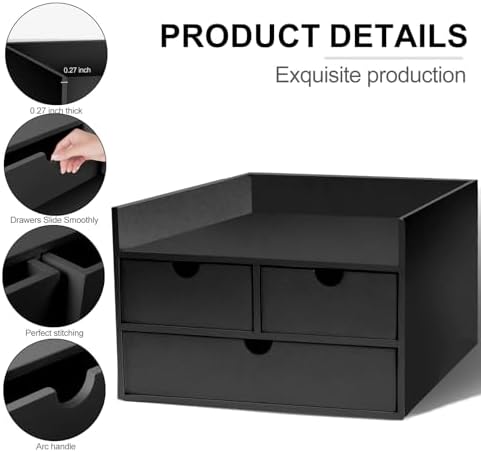 Bamboo Desk Organizer 3 Drawer with Shelf, Countertop Organizer with Drawers Makeup Storage Drawer 3 Drawers Tabletop Storage Organization Box Home Office Workspace（Black） - Image 6