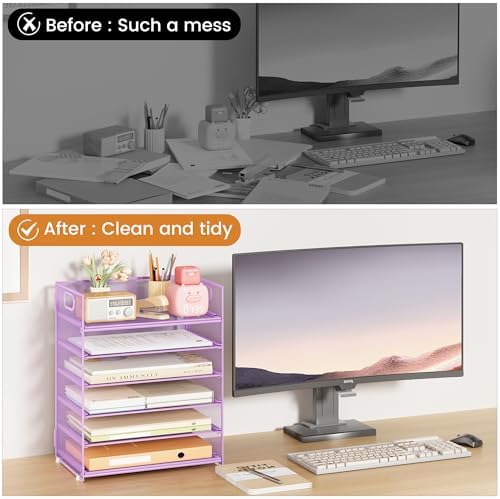 6-Tier Desk Paper Organizer, Desktop File Letter Tray with Handle, Document Sorter and Accessories Holder for Office, Home and School Workspace Organizers, Purple-2 Pack - Image 2