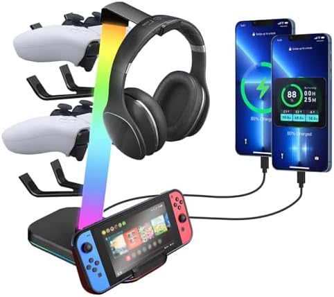 VCOM RGB Gaming Headphones Stand with 10 Light Modes, 4 Controller Holder with 1 USB & 2 Type-C Charging Ports,Headset Stand Suitable for All Earphone Accessories, Best Gift for Desk Gamers by VCOM