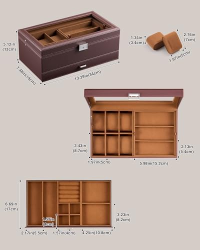 ProCase Mens Jewelry Box, 6 Slot Watch Box & 3 Slot Sunglass Holder -Brown - Image 6