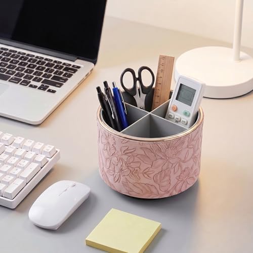 Remote Control Holder, 360°Spinning PU Leather Desk TV Remote Caddy,Desk Storage Box Room Accessories for Controller, Media,Mail,Calculator, Mobile Phone,Pencil(1B-Golden Pink) - Image 6