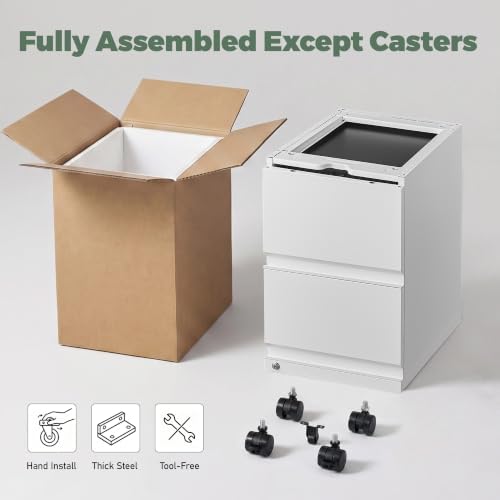 Fully Assembled 2 Drawer File Cabinet, Locking Filing Cabinet with Anti-Tipping Wheels, Quiet Slide, Heavy-Duty Steel Construction, Fits A4 Letter Legal for Home Office, Matte White - Image 4