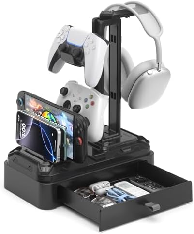 KDD Headphone Stand with Drawer - Rotatable Headset & Detachable Controller Holder for Desk - Multifunctional Organizer with Device Slot for Phones, Tablets - Universal for Gaming Accessories by KDD