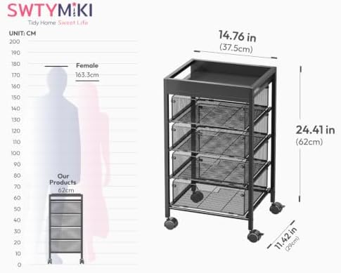 Rolling Cart with Drawers - Under Desk Storage Cart with Wheels, 4 Metal Drawers, Wood Top, Utility File Cart for Office Organization, Art, Craft, Classroom, Kitchen, Bedroom Black - Image 3