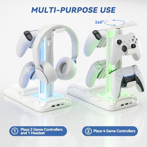 KDD RGB Headphone & Controller Stand with Wireless Charging - Rotatable Headset Stand with 9 Light Modes - Controller Holder with 2 USB and Type C Ports - for Gamers Desktop Accessories(White) - Image 6