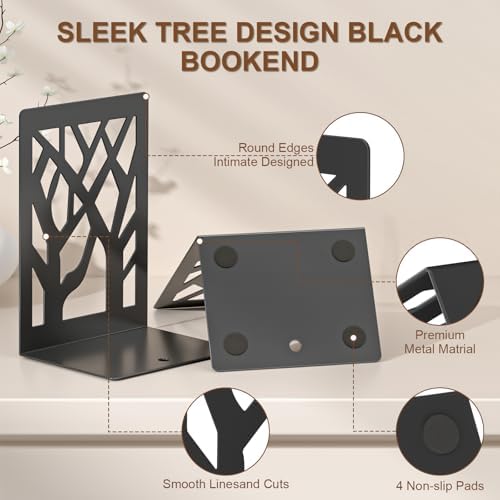 VFINE Book Ends 8 Pieces, Black Metal Decorative Tree Bookends for Shelves - Image 4
