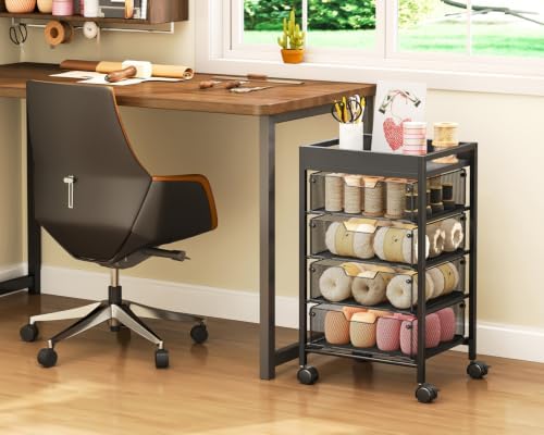 Rolling Cart with Drawers - Under Desk Storage Cart with Wheels, 4 Metal Drawers, Wood Top, Utility File Cart for Office Organization, Art, Craft, Classroom, Kitchen, Bedroom Black - Image 2