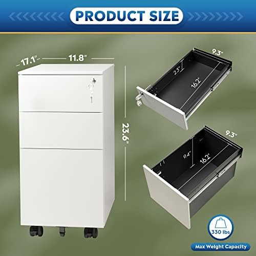 DEVAISE Slim File Cabinet with Lock, 3 Drawer Mobile Filing Cabinet for Legal/Letter/A4 Size, Fully Assembled Except Wheels, White - Image 3