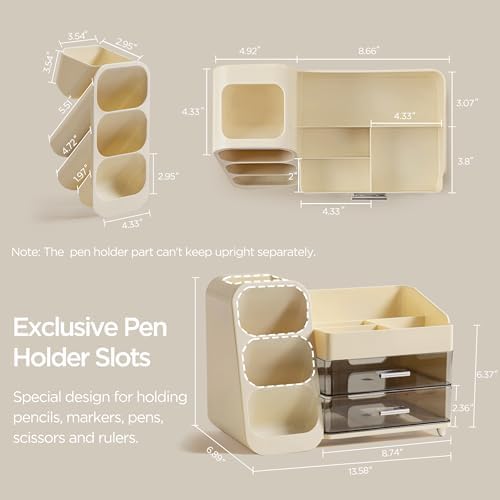 HBlife Desk Organizer with Pen Pencil Holder for Desk, Pen Organizer with 2 Drawers, Desk Organizers and Accessories with 4 Compartments, Desktop Storage for Office Home School Art Supplies, Beige - Image 5