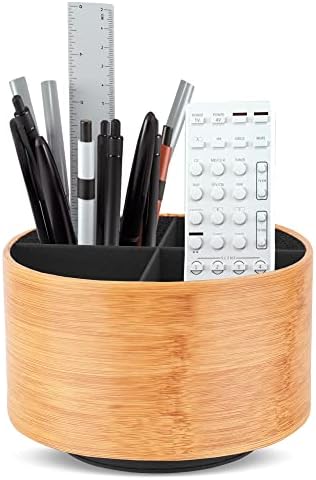 Round Leather Art Supply Organizer,Remote Control Holder,360 Degree Spinning,Multi-Functional Pencil Holder,4 Compartments Desktop Stationary Organizer(1-Beige2) by Hennaja
