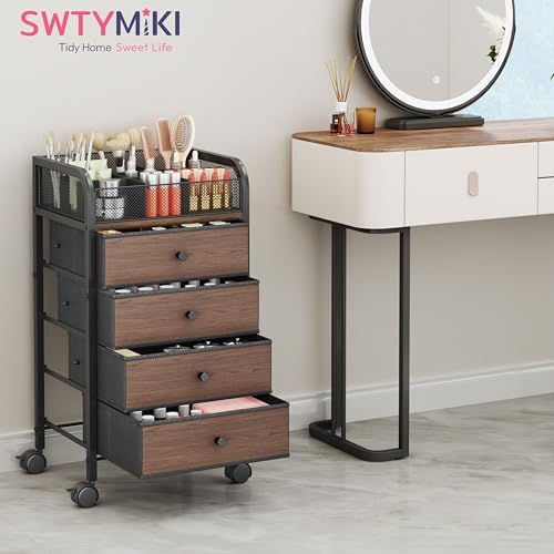 Rolling Makeup Organizer Cart - 14.96″*11.81″*27.55″ Widened Under Desk Vanity Storage with 4 Non-woven Drawers, Cosmetic Display Cases for Skin Care Perfume Nail Polish Brush Hair Tool Black - Image 7