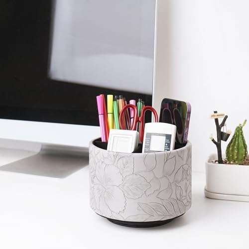 Round Leather Art Supply Organizer,Remote Control Holder,360 Degree Spinning,Multi-Functional Pencil Holder,4 Compartments Desktop Stationary Organizer(1-Carved Grey) - Image 7