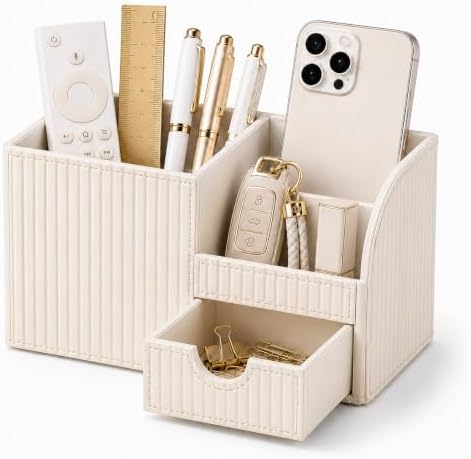Luxury PU Leather Desk Organizer with Drawer, Modern Aesthetic Office Desk Accessories for Women, Multi-Compartment Pen Holder & Desktop Storage Organizer for Home Office, Cream White by KingfomLeatherHomeOfficeDecor