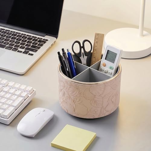Round Leather Art Supply Organizer,Remote Control Holder,360 Degree Spinning,Multi-Functional Pencil Holder,4 Compartments Desktop Stationary Organizer(1-Golden Apricot) - Image 6
