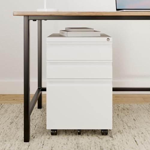 Mount-It! 3 Drawer File Cabinet with Lock and Wheels, Under Desk Storage Filing Pedestal for Home Office, No Assembly Small Rolling File Cabinet for Legal, Letter, and A4 Files in White - Image 2