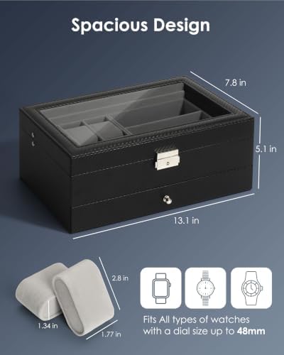 Mens Jewelry Box Organizer, 6 Watch Slots & 3 Sunglasses -Grey - Image 2