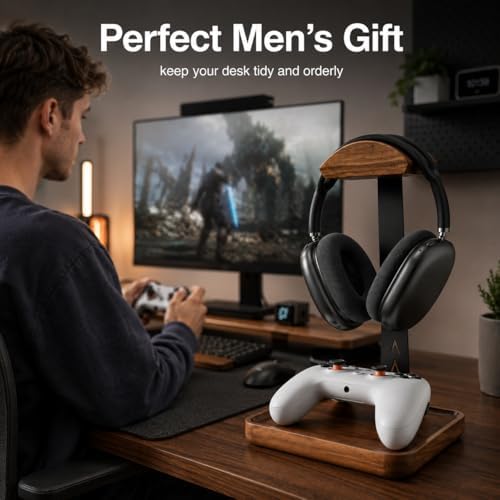 GEVO Headphone Stand, Walnut Wood Headset Stand with Controller Holder - Image 3