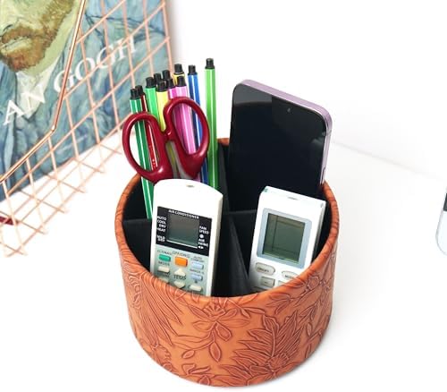 Round Leather Art Supply Organizer,Remote Control Holder,360 Degree Spinning,Multi-Functional Pencil Holder,4 Compartments Desktop Stationary Organizer(1-Carved Brown) - Image 6