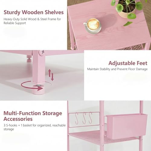 Small 3 Tier Printer Stand for Under Desk, Height Adjustable Shelf Printer Table with 3 S-Hooks & Basket, Heavy Duty Industrial Storage Shelf for Home Office (Deep Pink) - Image 3