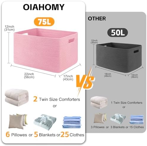 OIAHOMY 75L Large Blanket Basket Woven Storage Basket with Handle Pink - Image 2