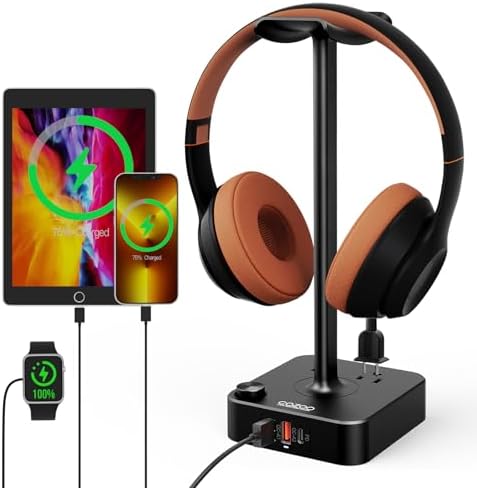 Headphone Stand with Charger for Desk, Gifts for Gamers Men, Black by COZOO