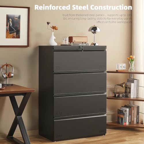 Metal File Cabinet with Lock, 4 Drawer Lateral File Cabinets for Home Office, Heavy Duty Office Storage Cabinet for A4/Letter/Legal Size, Assembly Required(Black) - Image 4