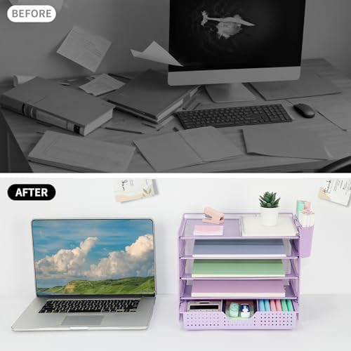 Desk Organizers and Accessories, 5-Tier Paper Letter Tray Organizer with Drawer & 2 Pen Holders, Desktop Organizer for Office Supplies (Purple) - Image 6