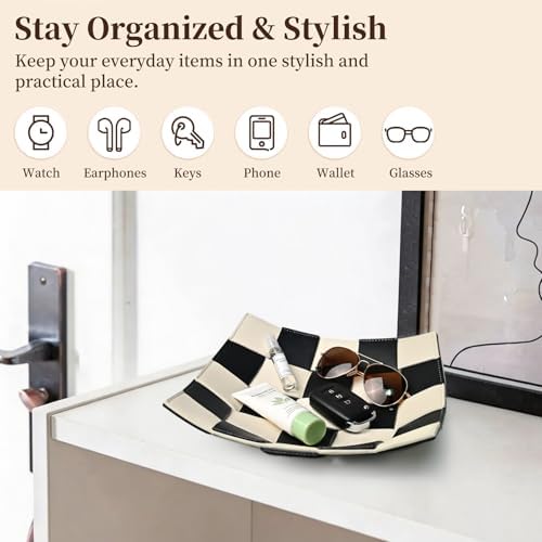 Black and White Checkered Valet Tray PU Leather Key Holder Bowl for Women and Men Entryway Table Nightstand Desk Tray for Wallet, Keys Men's Gift - 9.8" L x 9.8" W x 2" H - Image 3