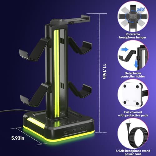 KDD RGB Gaming Headphone and Controller Stand with 2 Type-C and 1 USB Ports - Image 5