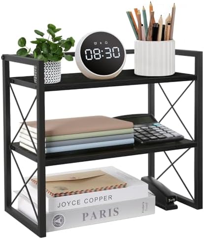 Desktop Shelf Organizer, 2 Tier Office Shelves, Wood Desk Organizer Storage Rack and Freestanding Display Shelf for Office, Dormitory, Home(Black) by YINMIT