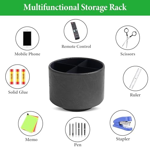 Round Leather Art Supply Organizer,Remote Control Holder,360 Degree Spinning,Multi-Functional Pencil Holder,4 Compartments Desktop Stationary Organizer(1-Crazy Black) - Image 5