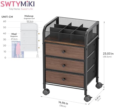 Rolling Makeup Organizer Cart - 14.96″*11.81″*23.03″ Widened Under Desk Vanity Storage with 3 Non-woven Drawers, Cosmetic Display Cases for Skin Care Perfume Nail Polish Brush Hair Tool Black - Image 2