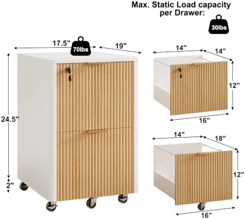 2 Drawers Fluted Mobile File Cabinet with Lock, Rolling File Cabinet Printer Stand Table, Under Desk Wooden Filing Cabinets for Home Office Essentials Storage Organization Furniture Letter/Legal/A4 - Image 2