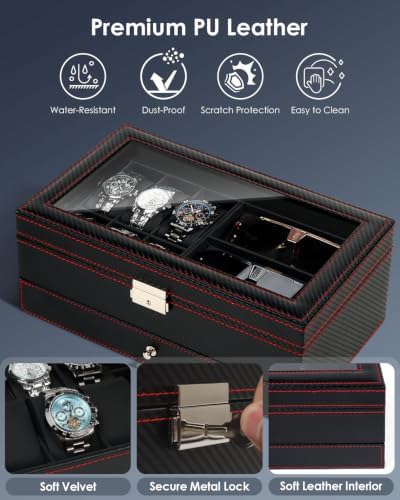 Mens Jewelry Box Organizer, 6 Watch Slots & 3 Sunglasses -Black - Image 4