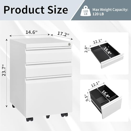 3 Drawer File Cabinet with Lock, File Cabinets for Home Office,Under Desk Cabinet, Locking File Cabinet for A4/Letter/Legal, Fully Assembled Expect Casters, Matte White - Image 3