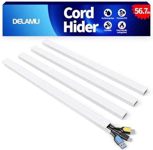 Delamu Cord Hider, 56.7in Cord Covers for 2-3 Wires on Wall, Paintable Cable Hider Wire Covers for Cords, Self-Adhesive Cable Cover Management, Easy Set-up Wires Hiders for TV, W0.95 x H0.55in, White by DELAMU