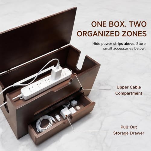 Cable Management Box with Storage Drawer, Wooden Cord Organizer Box - Image 2
